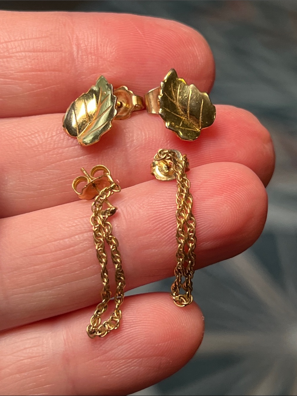 Vintage Gold Filled Chain Loop Drop Earrings and Gold Plated Leaf Stud Earrings
